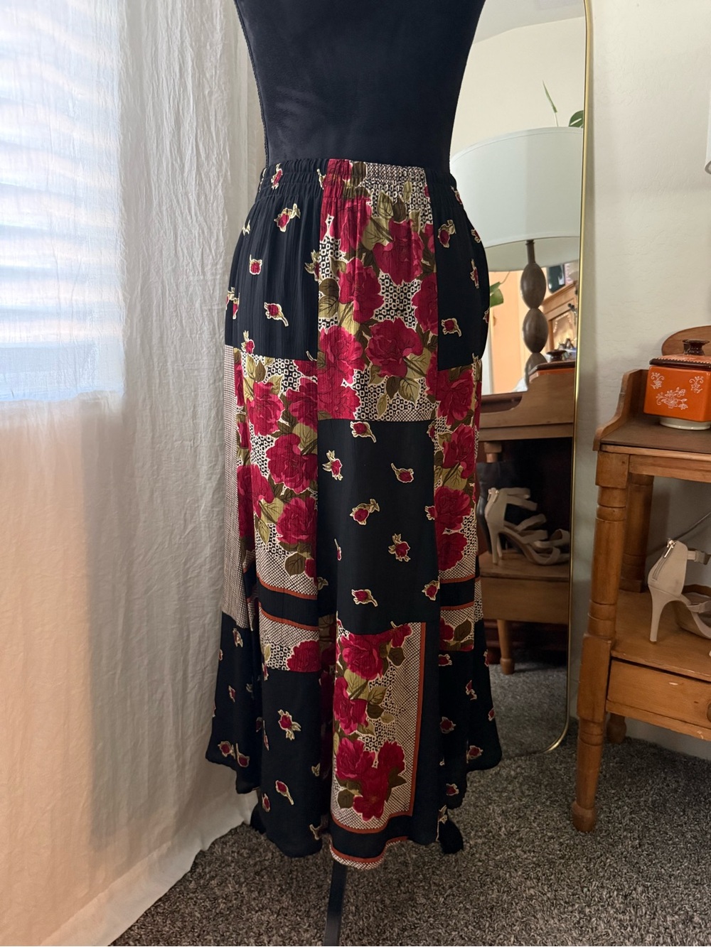 Vintage Carole Little Y2K Black Floral Patchwork Maxi Skirt with Pink/Red Roses